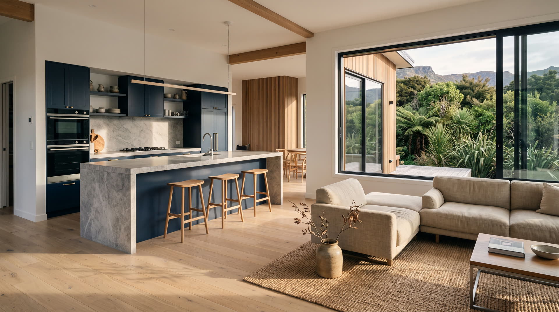 A contemporary open-plan living and kitchen space, generated as a demonstration.